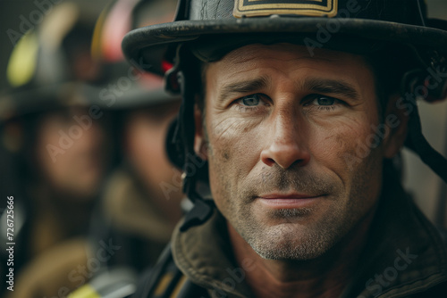 Close-up of a focused firefighter in uniform photo