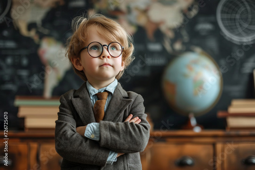 Young child dressed as professor in classroom Generative AI image