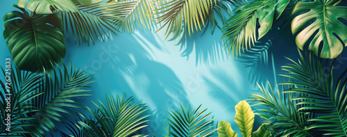 palm leaves and bright natural light on a blue background © Serega