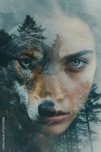 A woman and a wolf are seamlessly superimposed amidst the backdrop of nature, creating a mesmerizing & somewhat abstract depiction that evokes a sense of mystical connection & artistic interpretation