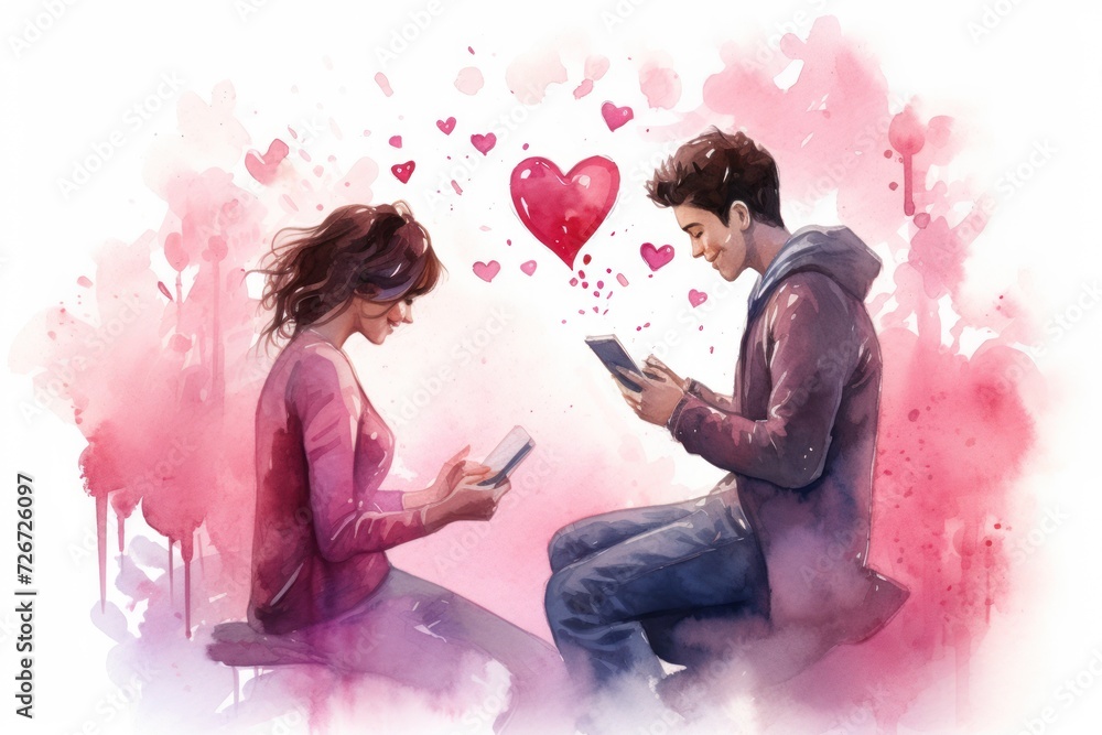 The art of love is depicted in a watercolor painting that shows a couple sitting with their phones in their hands holding a bright red heart-shaped balloon. Valentine's Day holiday. The art of love is depicted in a watercolor painting that shows a couple sitting with their phones in their hands holding a bright red heart-shaped balloon. Valentine's Day holiday.