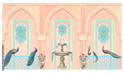 Chinoiseries peacock, Birds Palace Garden Royal Wallpaper. moroccan decorative garden with peacock frame. vector file & illustration.