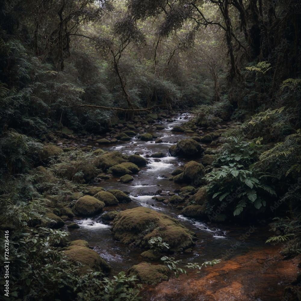 A small, idyllic stream in a dense jungle environment. Generative AI.