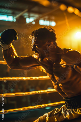 Boxer in action throwing a punch in the ring. Generative AI image photo