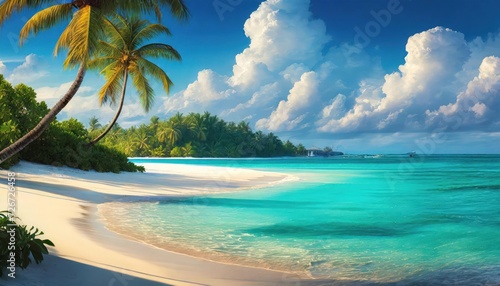 Beautiful beach with white sand, turquoise ocean, blue sky with clouds and palm tree over the water on a Sunny day. Maldives, perfect tropical landscape, wide format.