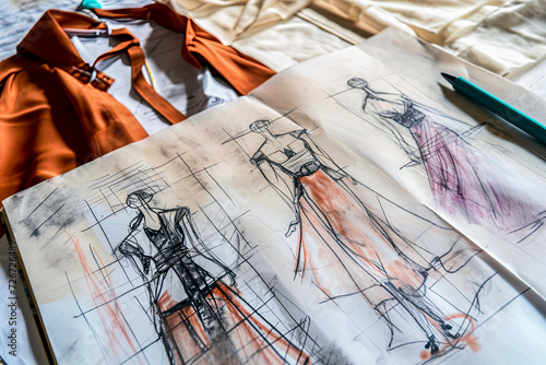 Fashion design sketches and fabric on a workspace Generative AI image photo