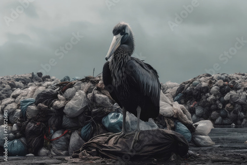 Generative AI illustration of solitary pelican stands amid a vast landscape of plastic waste, with a backdrop of gloomy skies, highlighting the stark contrast between nature and pollution photo