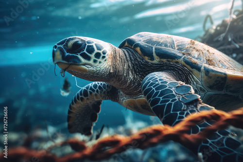 Generative AI illustration of sea turtle swimming near the surface with a visible piece of plastic in its mouth, against a clear blue ocean background photo
