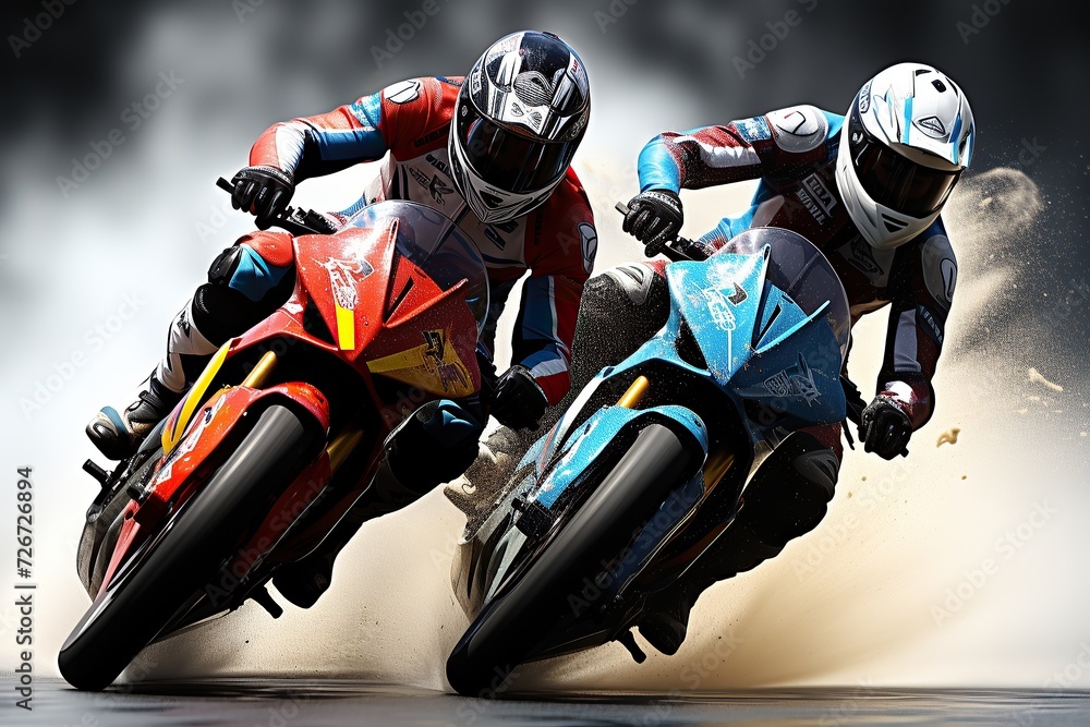Motorbike racers leaning into a turn with dramatic splatter background