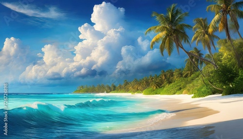 Beautiful beach with white sand  turquoise ocean  blue sky with clouds and palm tree over the water on a Sunny day. Maldives  perfect tropical landscape  wide format.