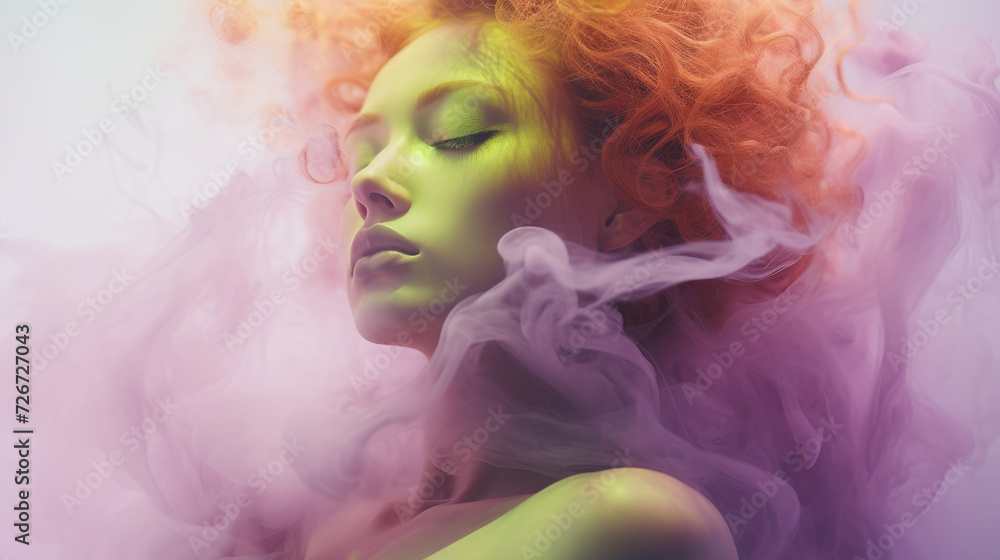 A woman enveloped by ethereal liquid smoke A woman enveloped by ethereal liquid smoke