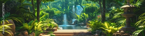 tranquil tropical paradise with cascading waterfall and lush greenery