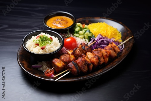 Rice and chicken skewers with condiments on a plate in a restaurant
