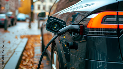 Close-up view of an electric vehicle undergoing charging. photo