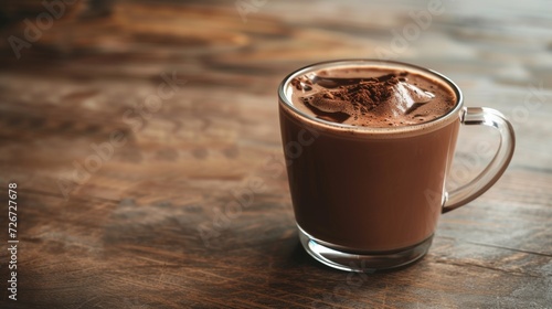 Hot chocolate in a glass on a wooden background. Toned. - Generative AI