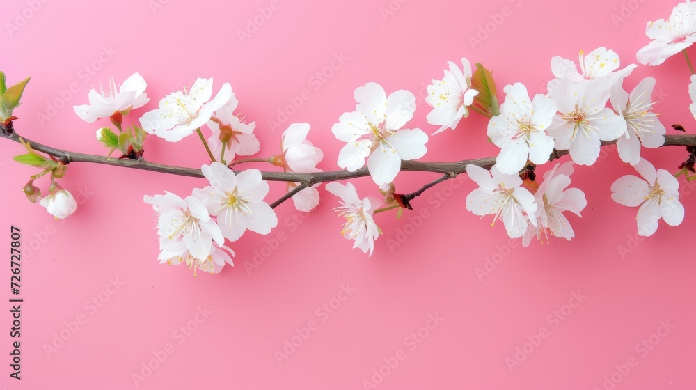 Cherry blossom branch on pink background. Top view, flat lay - Generative AI