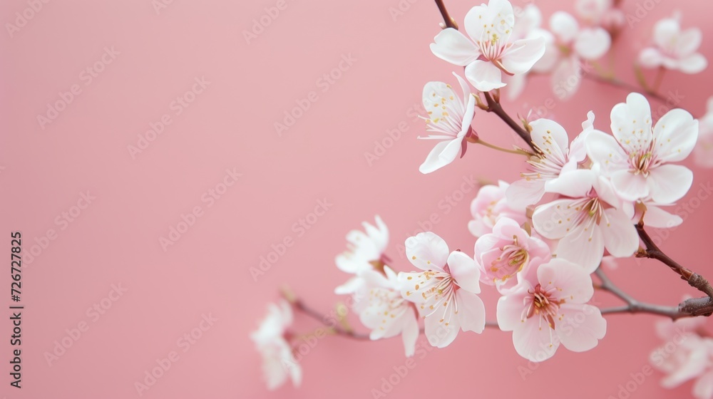 Cherry blossom branch on pastel pink background. Spring flowers. - Generative AI