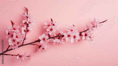 Cherry blossom branch on pastel pink background. Spring flowers. - Generative AI