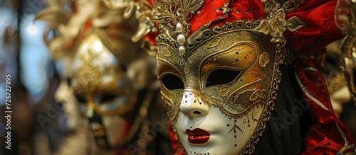 Venetian mask artistry: Intricate charms of elegant carnival masks in a winter shop display. © AkuAku