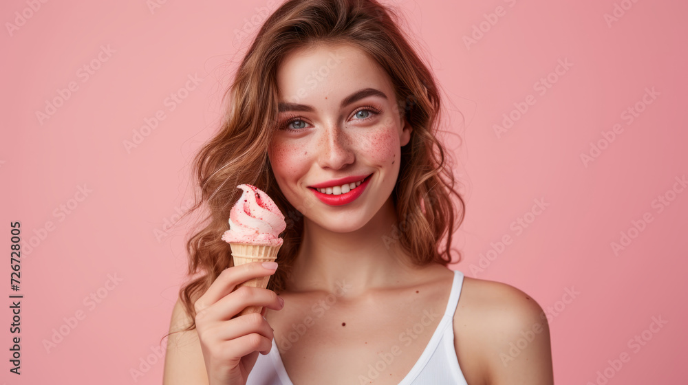 Portrait of a Young Woman holding a gelato on Pink Studio Background.