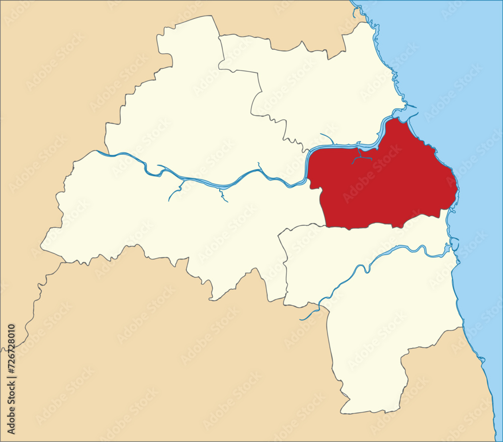 Red flat blank highlighted location map of the METROPOLITAN BOROUGH OF SOUTH TYNESIDE inside beige administrative local authority districts map of Tyne and Wear, England