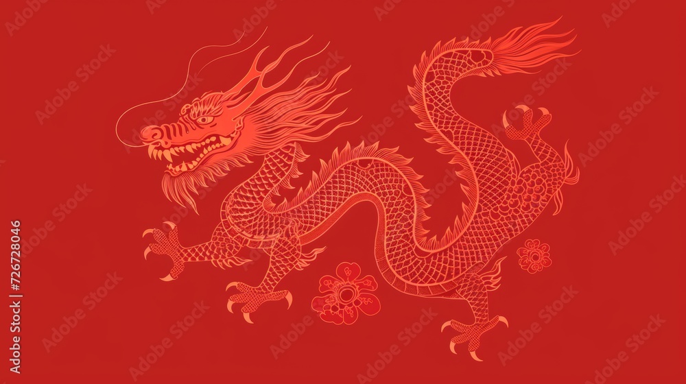 Chinese dragon on a red background. illustration for your design. - Generative AI
