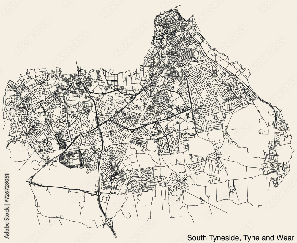 Fototapeta premium Street roads map of the METROPOLITAN BOROUGH OF SOUTH TYNESIDE, TYNE AND WEAR