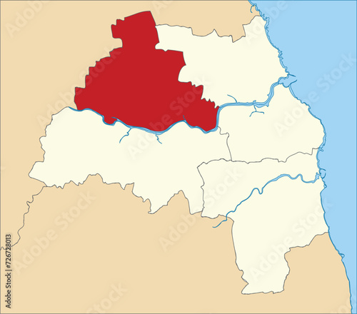 Red flat blank highlighted location map of the METROPOLITAN BOROUGH AND CITY OF NEWCASTLE UPON TYNE inside beige administrative local authority districts map of Tyne and Wear  England