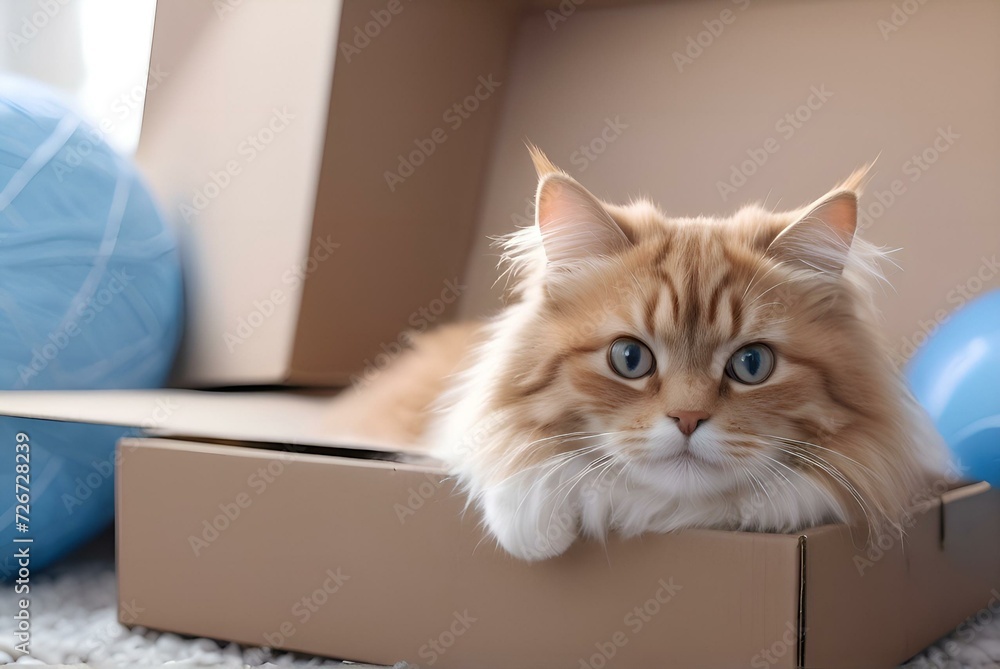 Cute fluffy cat in cardboard box on carpet. Generative AI