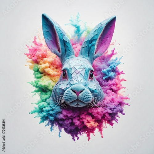 Colorful Composition of an easter rabbit head and a colorpowder explosion. High quality easter logo. easter art. Generative AI. photo