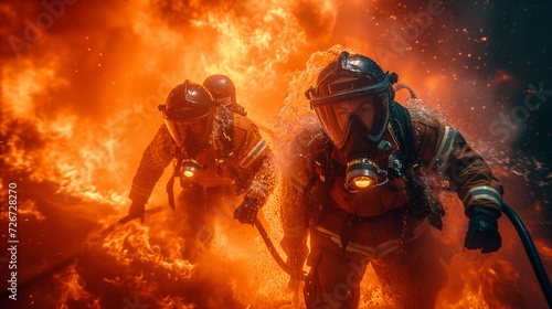 Two firefighters in full gear emerge from a raging blaze