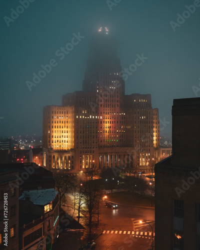 Photography View of Buffalo City Hall on a foggy night, Buffalo, New York