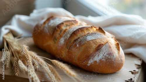 Freshly baked bread and wheat ears on a wooden table. Selective focus. - Generative AI