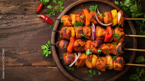 Chicken tikka kebab on skewers with paprika, onion and parsley on wooden background. Top view - Generative AI