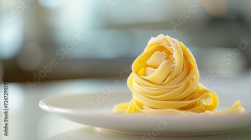 Spaghetti carbonara on a white plate on a blurred background. - Generative AI
