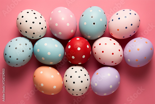 Colorful painted Easter eggs on a warm pink backdrop.
