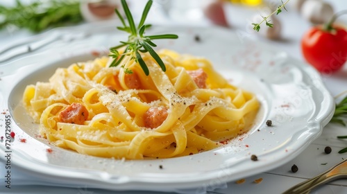 Spaghetti carbonara with smoked salmon, parmesan cheese and herbs - Generative AI