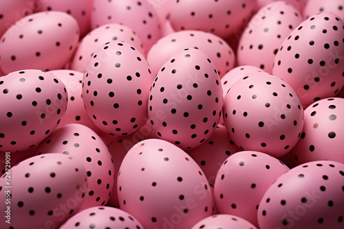Many pink Easter eggs with polka dots on them.