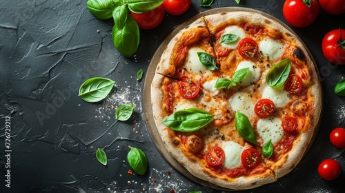 Pizza Margherita with mozzarella cheese, tomatoes and basil on black background - Generative AI
