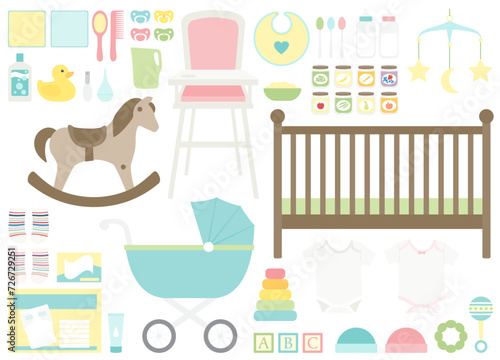 A group of various baby care, toys, bath, sleep, and feeding items
