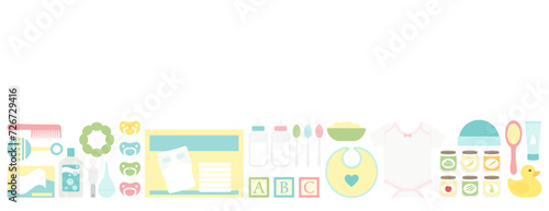 A group of various baby care items in a row with copy space
