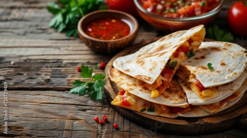 Mexican quesadilla with corn and tomato salsa on wooden background - Generative AI