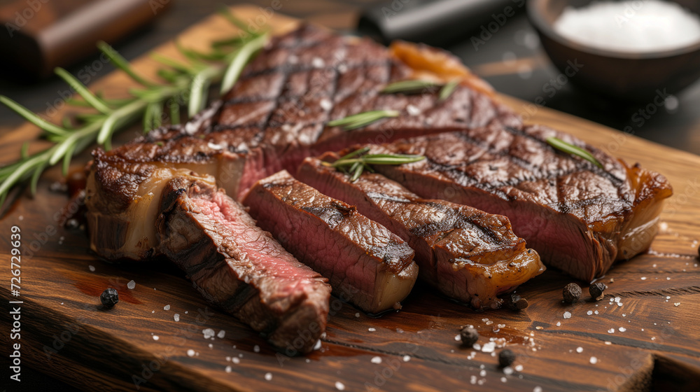 Delicious grilled steak with spices on cutting board, closeup view Delicious grilled steak with spices on cutting board, closeup view