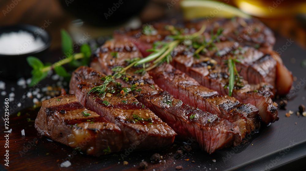 Grilled beef steak with herbs and spices on a wooden board. Grilled beef steak with herbs and spices on a wooden board.