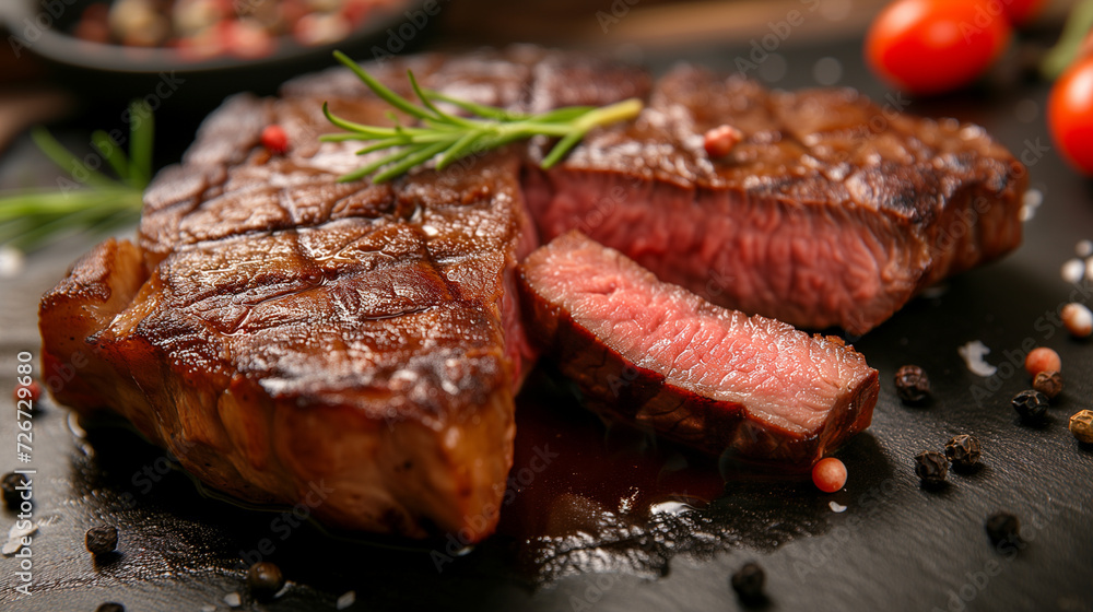Delicious grilled steak with spices on slate plate, closeup view Delicious grilled steak with spices on slate plate, closeup view