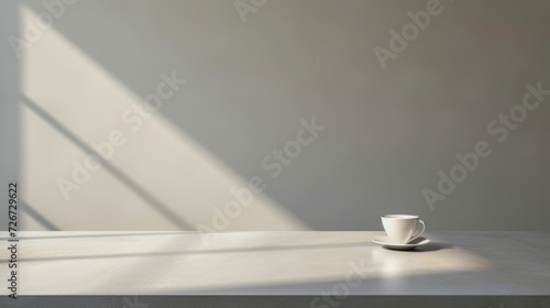 Cup of coffee on a white table in the room. 3d rendering - Generative AI