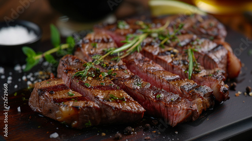 Grilled beef steak with herbs and spices on a wooden board.