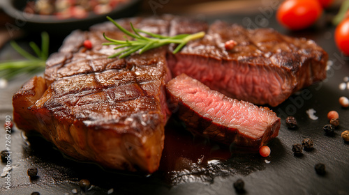 Delicious grilled steak with spices on slate plate, closeup view