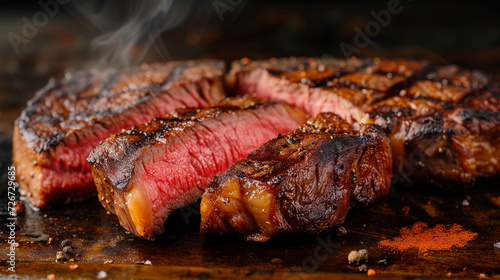 Grilled beef steak with spices and herbs on a black background.