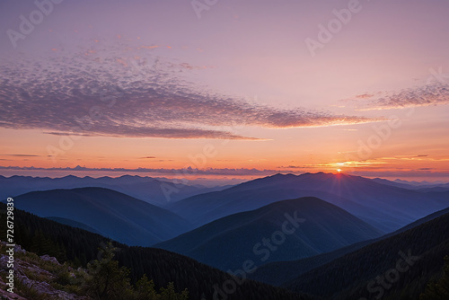 Beautiful sunset sky in the clouds on top of forested mountains